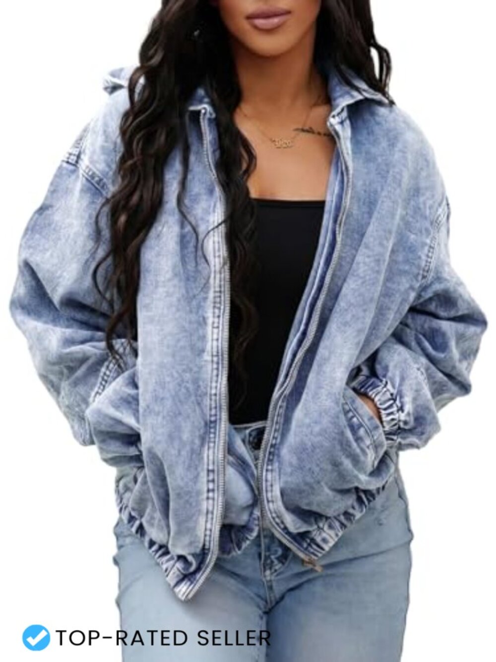 Women's Vintage Washed Denim Jacket Hooded Zip Up Oversized Coat Cotton Blend